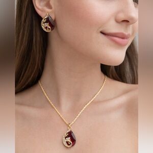 Gold-Tone Red Rhinestone Teardrop Necklace & Earring Set | Statement Jewelry